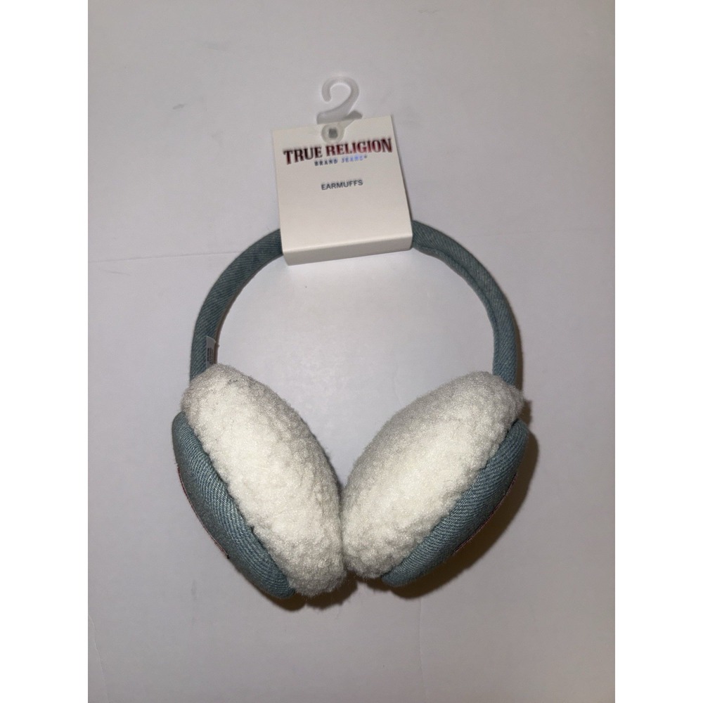 True Religion Earmuffs Denim Blue Faux Fur Warm Winter One Size Snow Gift NWT
